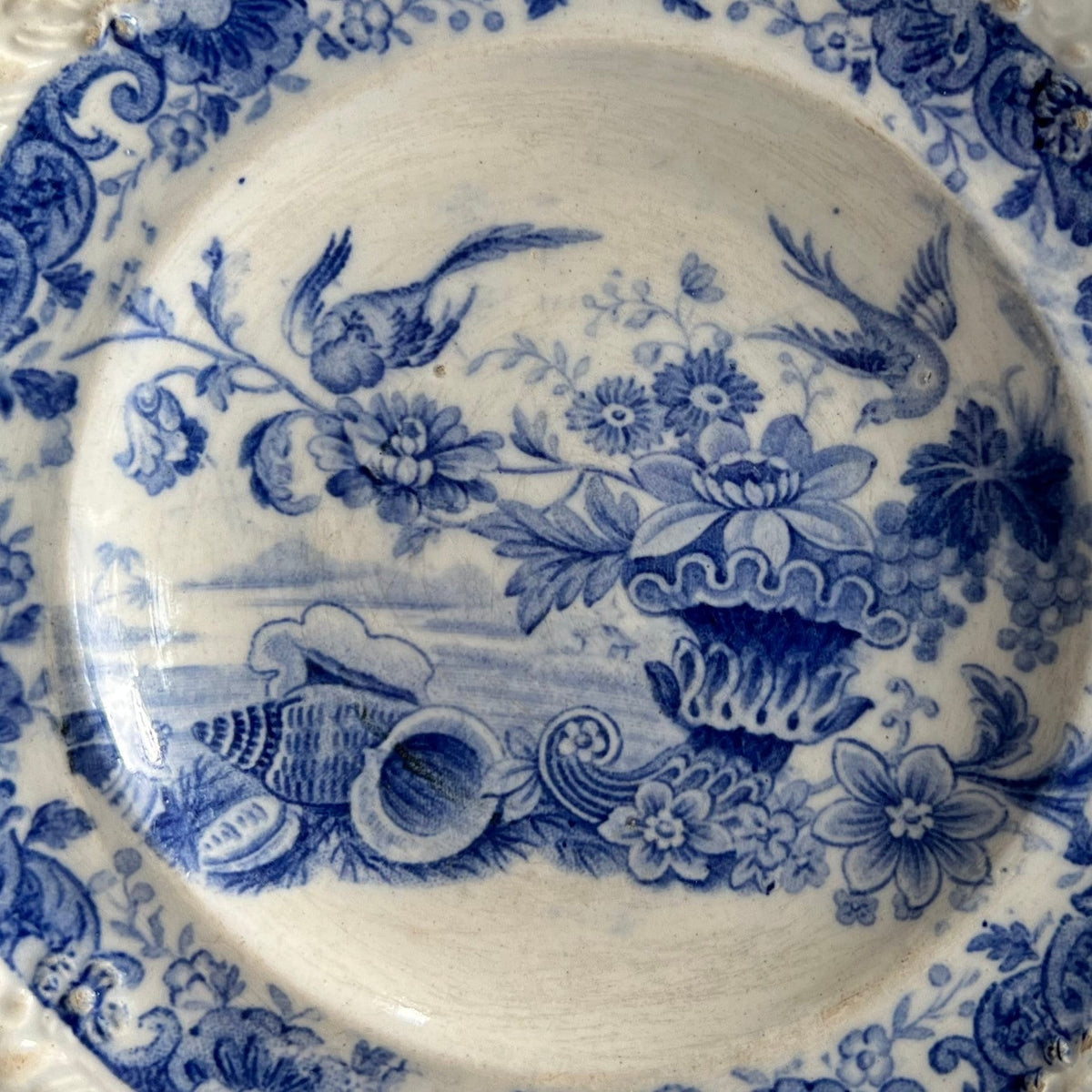 19th Century Childs Plate Blue And White Transferware Shells Birds and Cornucopia C 1830