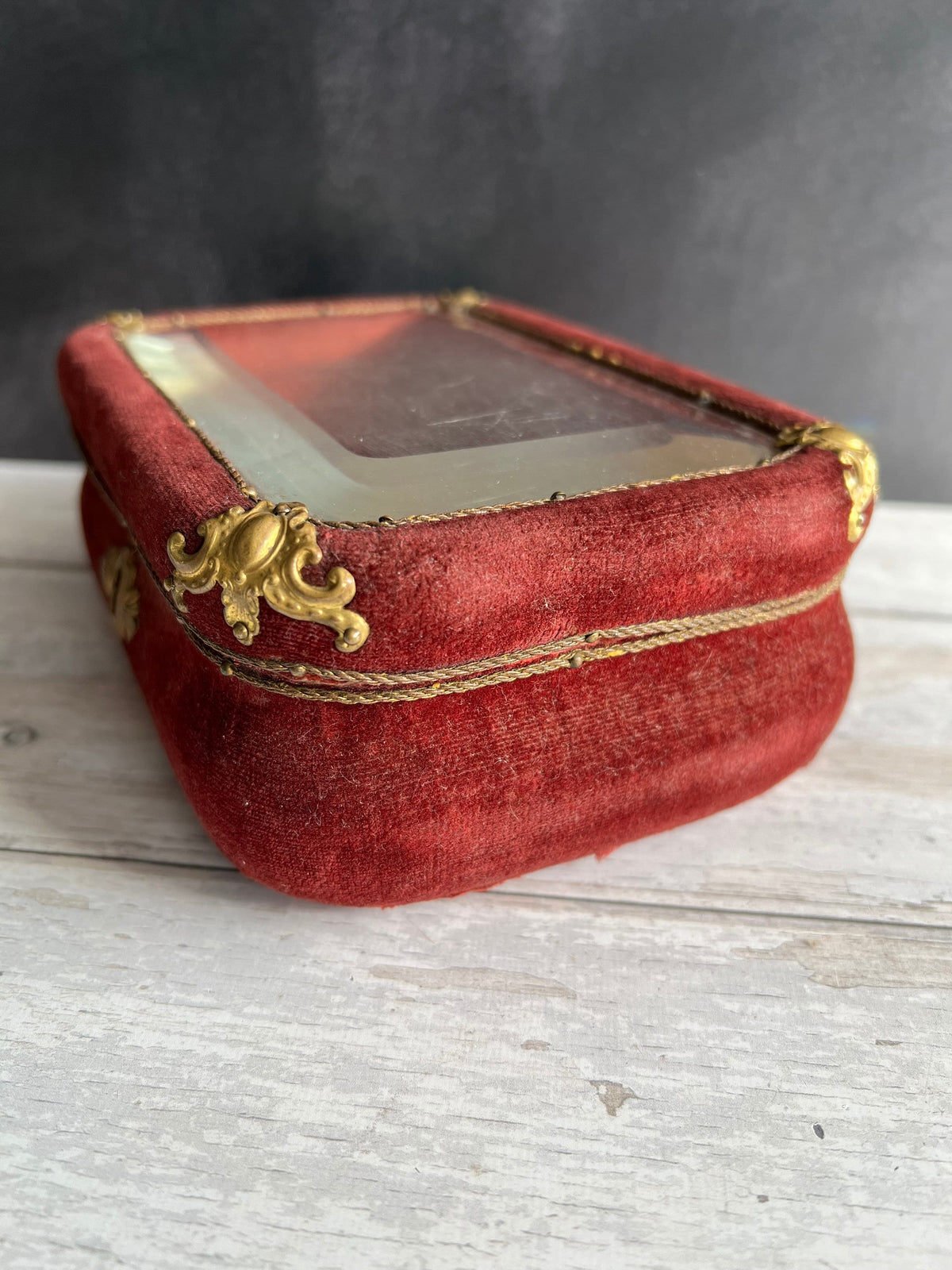 Antique Velvet Jewelry Box Beveled Glass Vitrine Casket Circa 1890