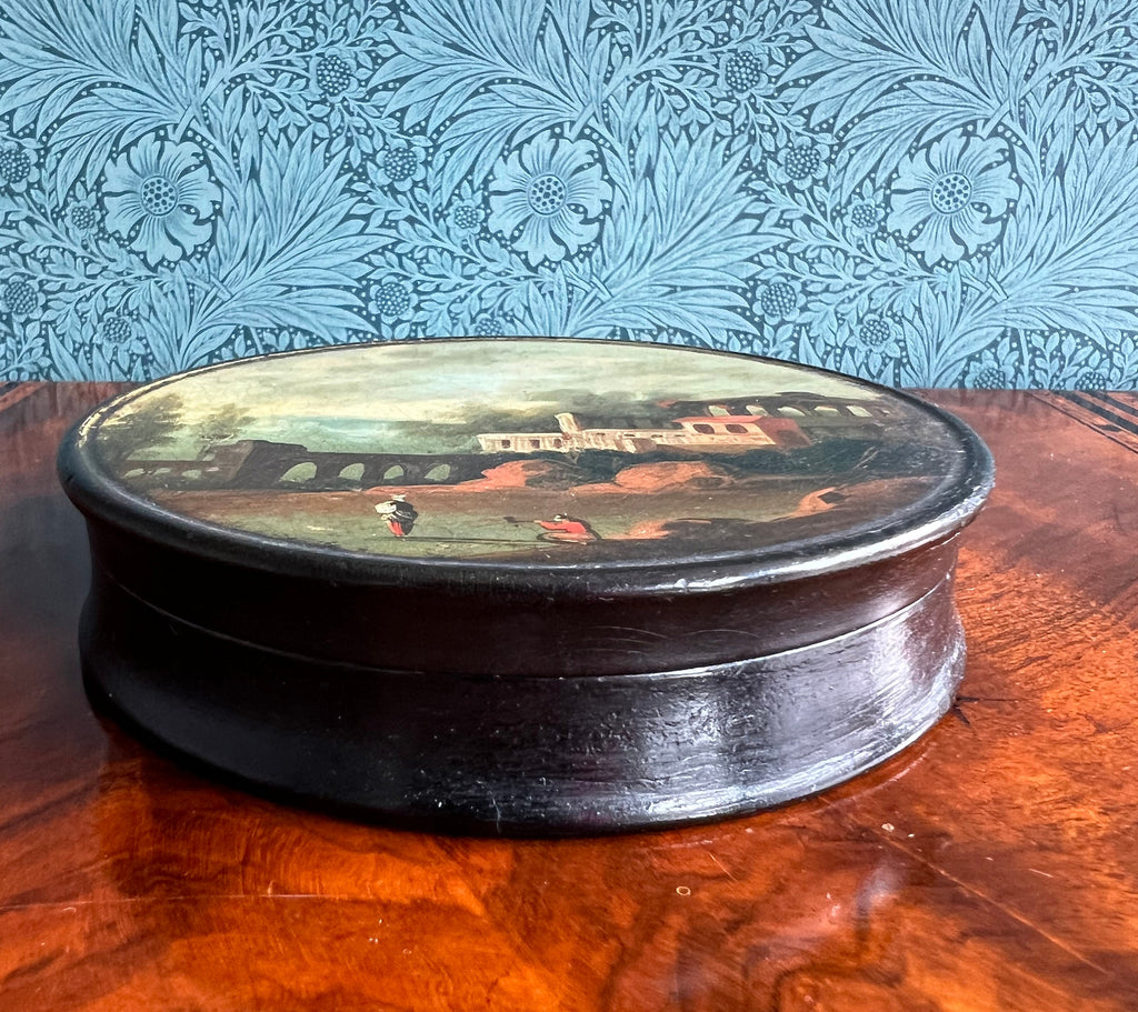 Georgian Snuff Box Landscape Hand Painted Scene Papier Mache Circa 1820