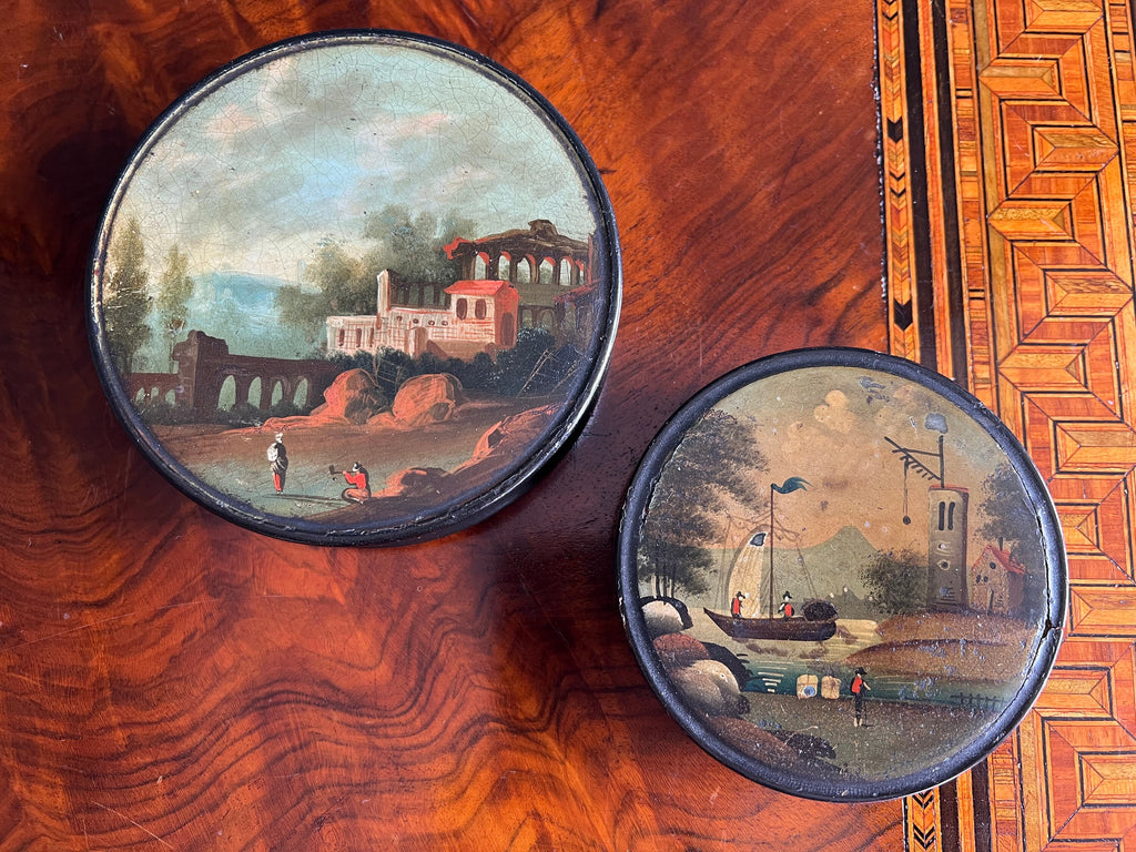 Georgian Snuff Box Landscape Hand Painted Scene Papier Mache Circa 1820