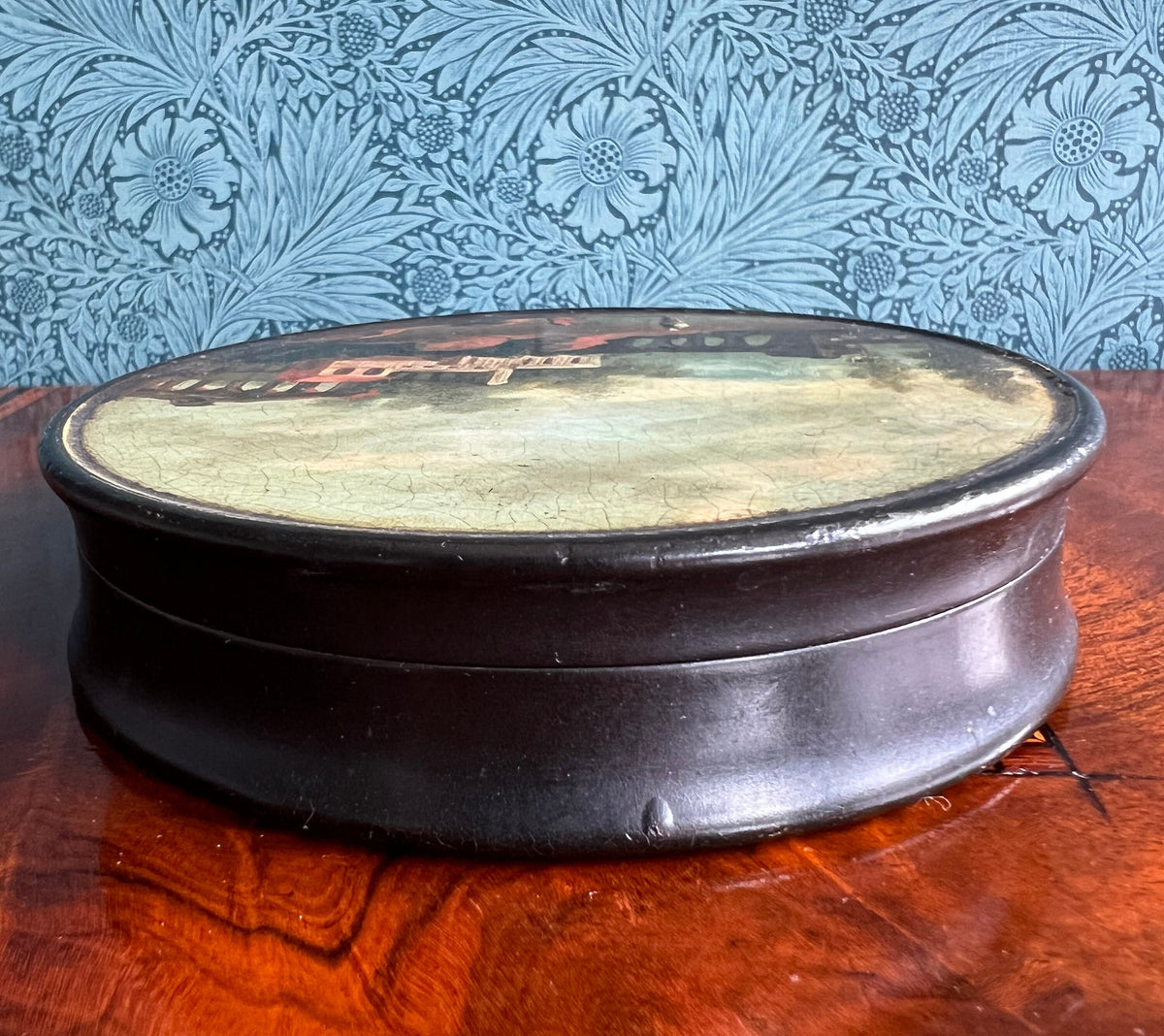 Georgian Snuff Box Landscape Hand Painted Scene Papier Mache Circa 1820