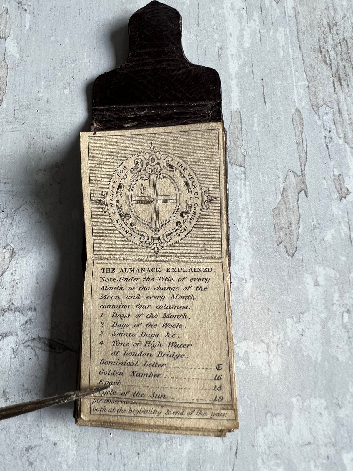 Miniature London Almanac 1858  1" tall Leather Doll Size Almanack Book AF