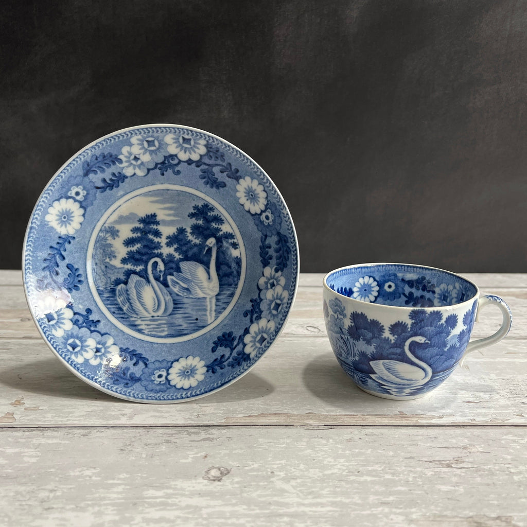 English Pearlware Cup and Saucer Blue and White Transferware Rare Swan Pattern C 1810