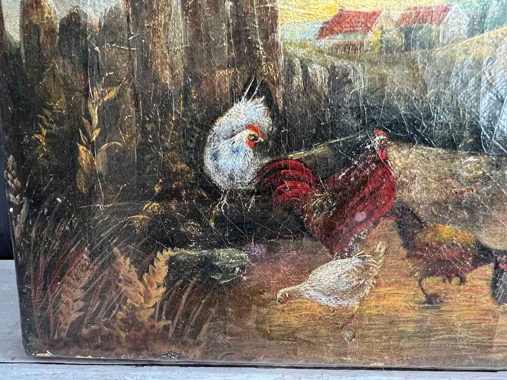 19th Century Folk Art Oil Painting Farmyard Scene Chickens Rooster Hens Farmhouse C 1870