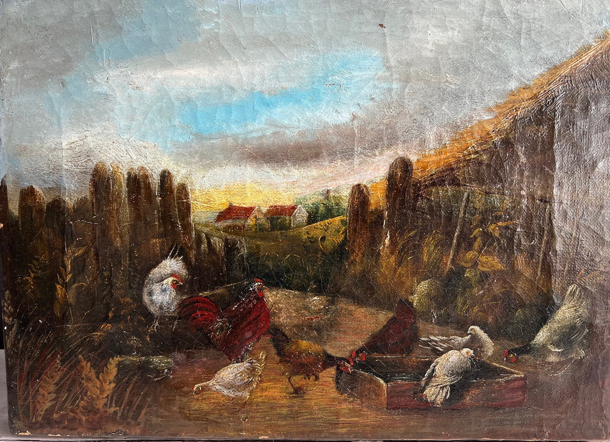 19th Century Folk Art Oil Painting Farmyard Scene Chickens Rooster Hens Farmhouse C 1870