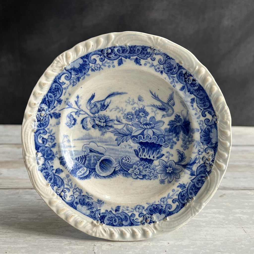 19th Century Childs Plate Blue And White Transferware Shells Birds and Cornucopia C 1830