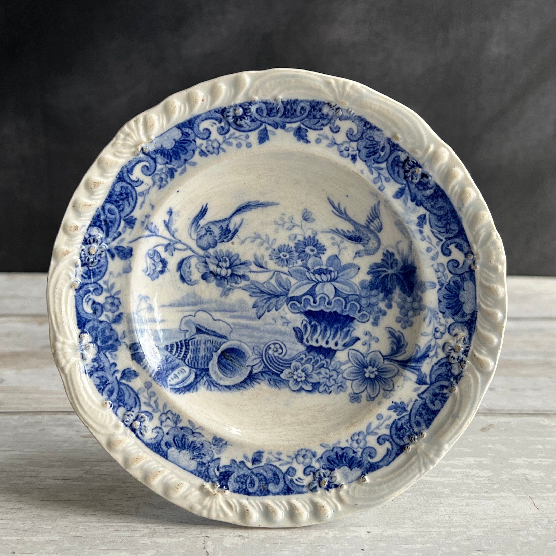 19th Century Childs Plate Blue And White Transferware Shells Birds and Cornucopia C 1830