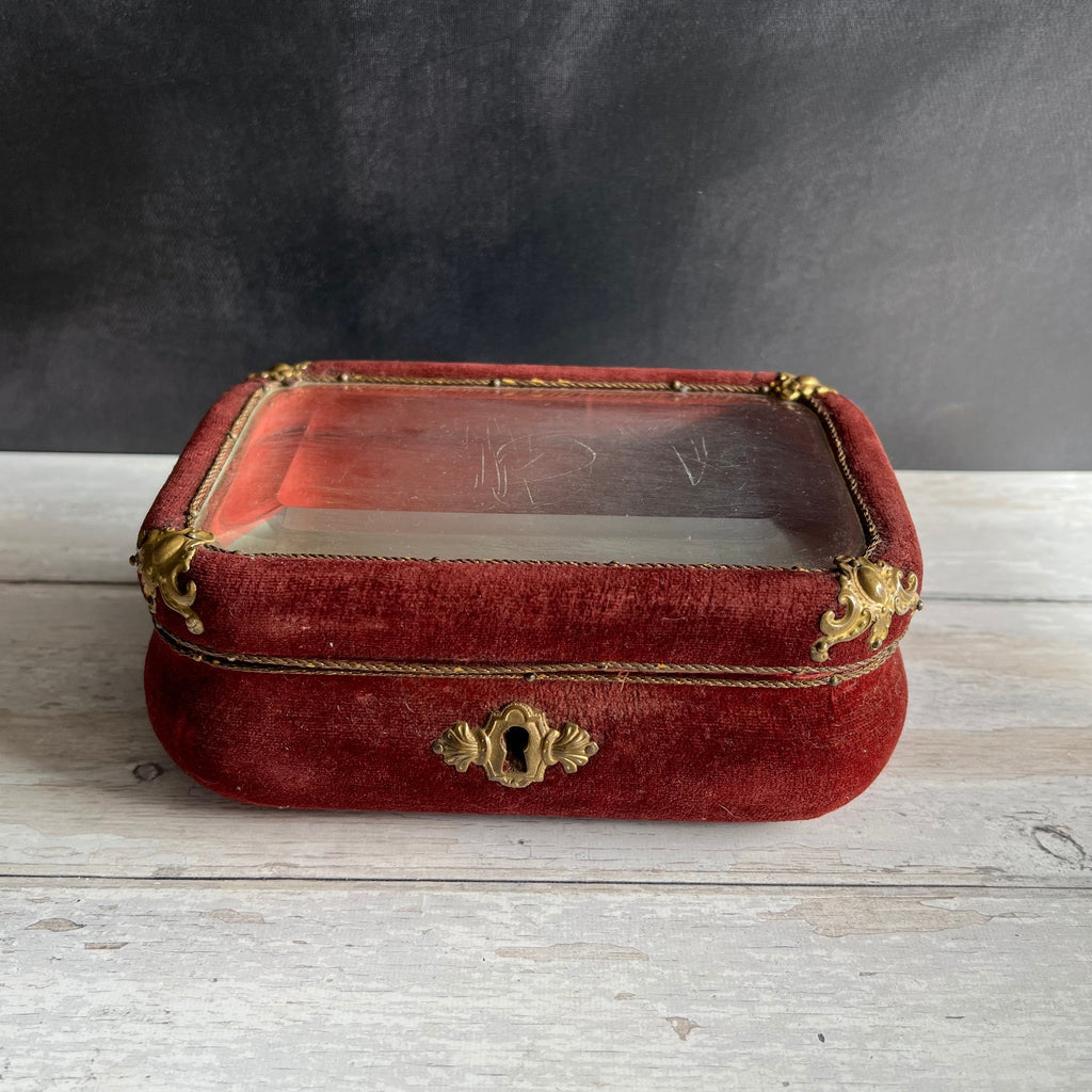 Antique Velvet Jewelry Box Beveled Glass Vitrine Casket Circa 1890