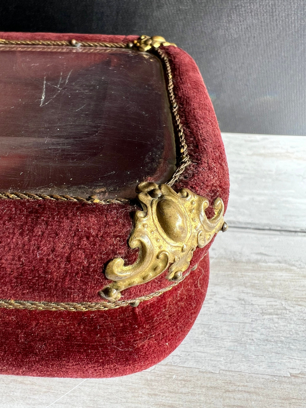 Antique Velvet Jewelry Box Beveled Glass Vitrine Casket Circa 1890