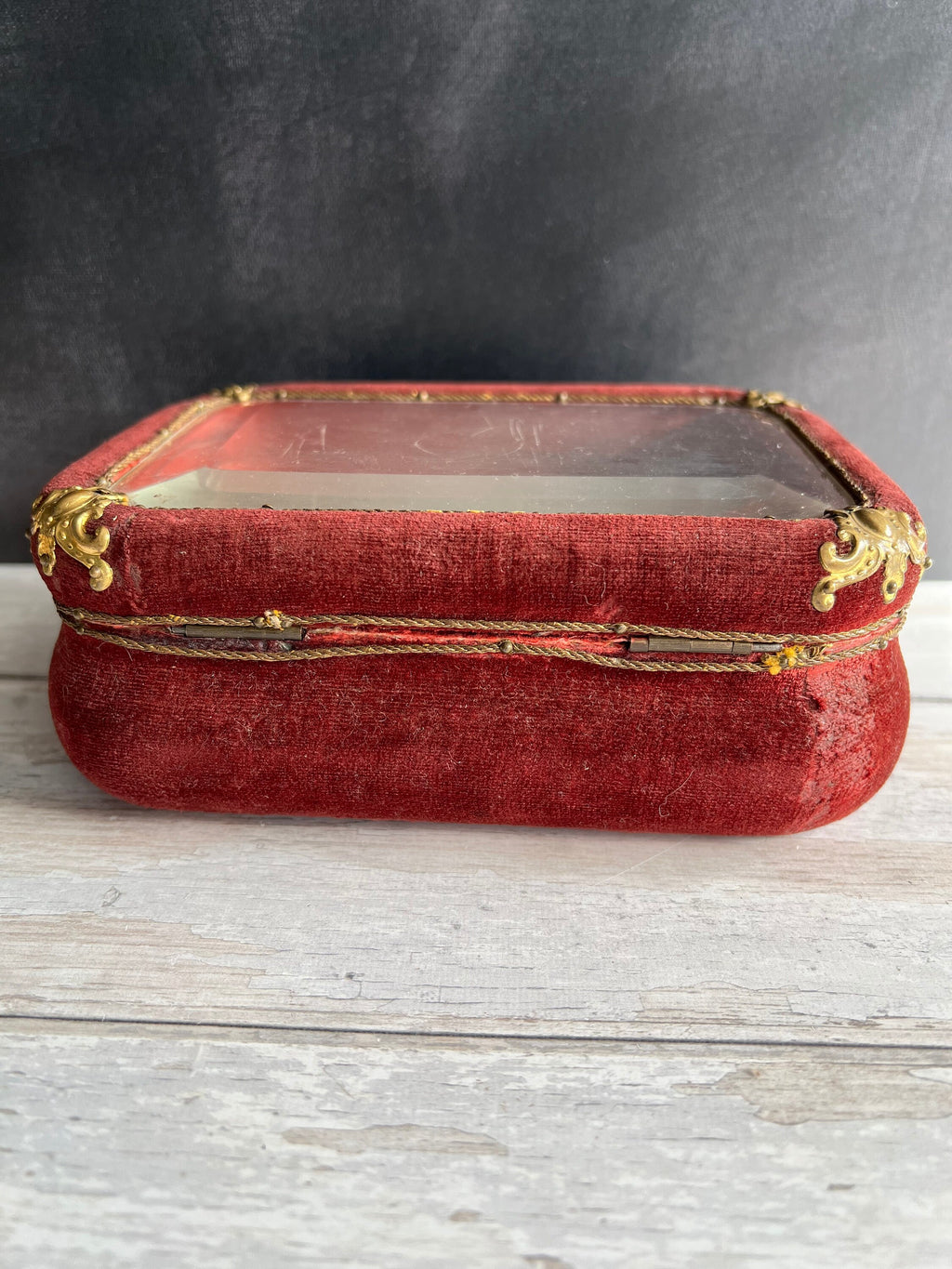 Antique Velvet Jewelry Box Beveled Glass Vitrine Casket Circa 1890