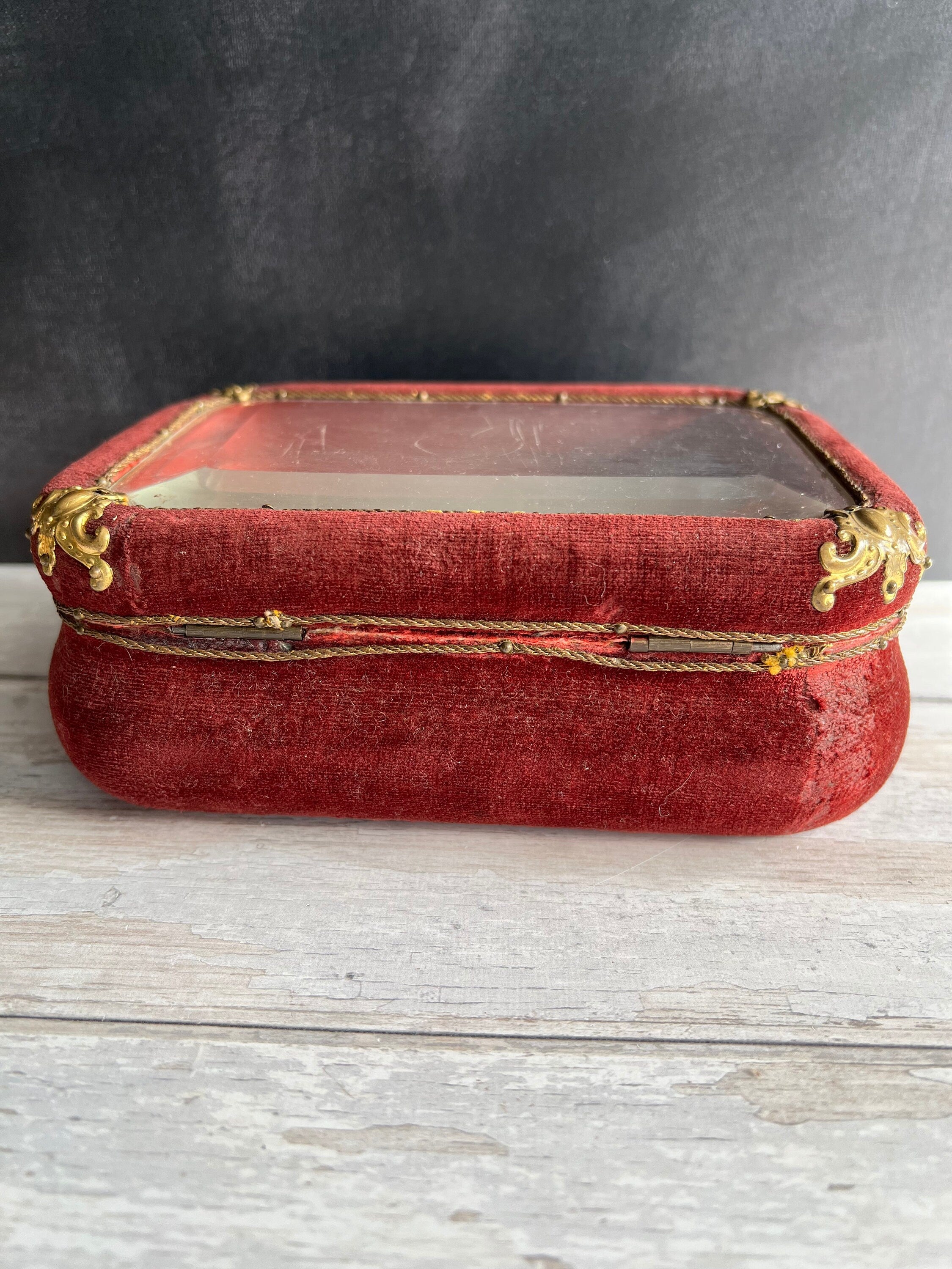 Antique Velvet Jewelry Box Beveled Glass Vitrine Casket Circa 1890