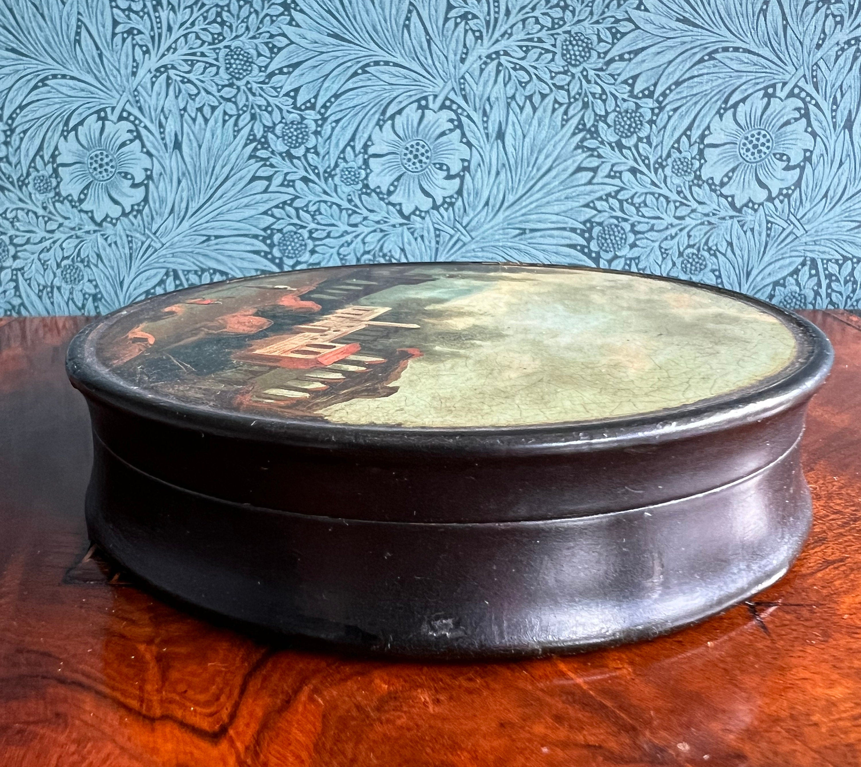 Georgian Snuff Box Landscape Hand Painted Scene Papier Mache Circa 1820