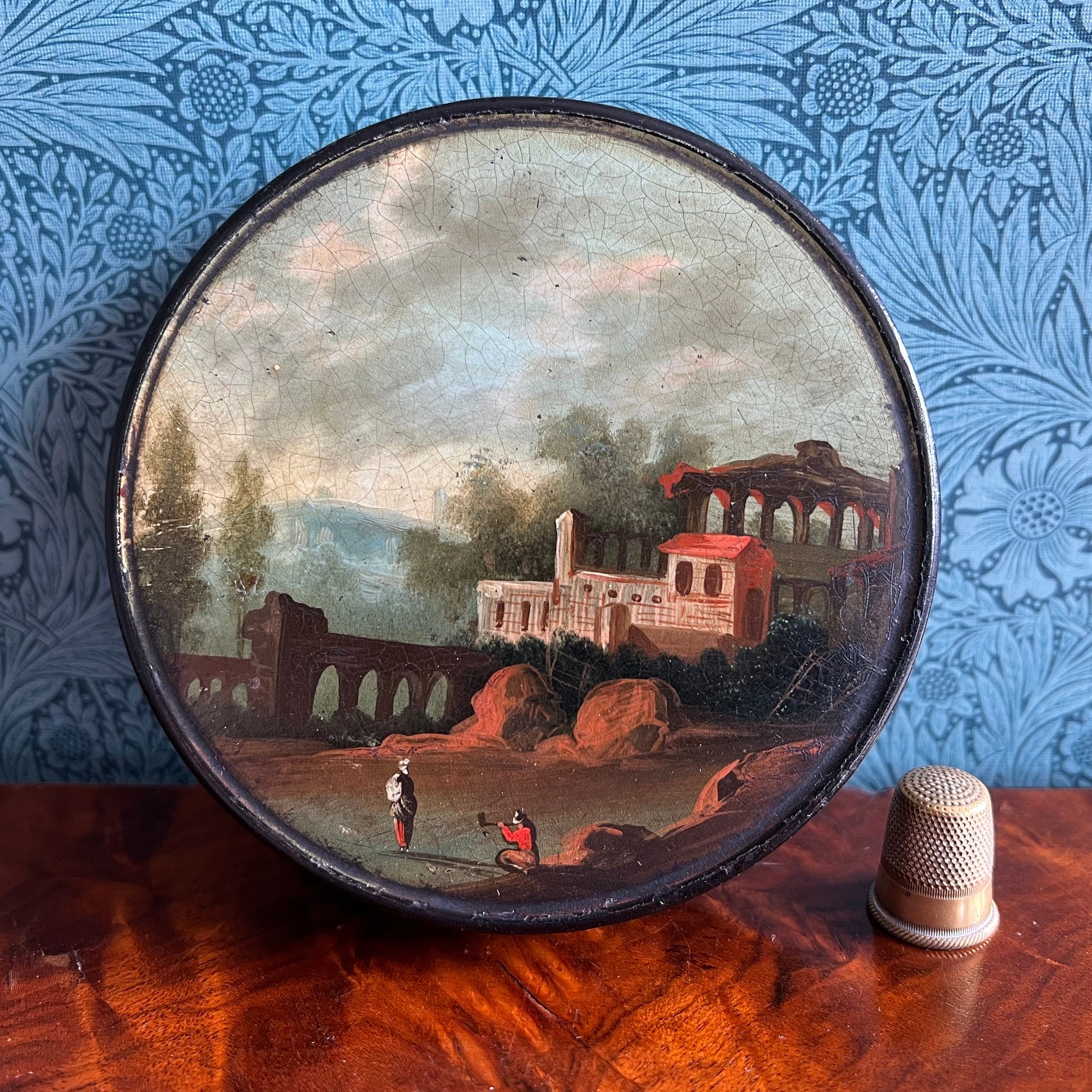 Georgian Snuff Box Landscape Hand Painted Scene Papier Mache Circa 1820