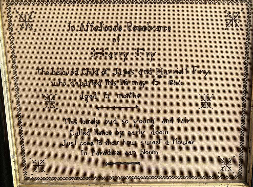 Antique Perforated Paper Mourning Sampler For Baby Harry Fry 1866