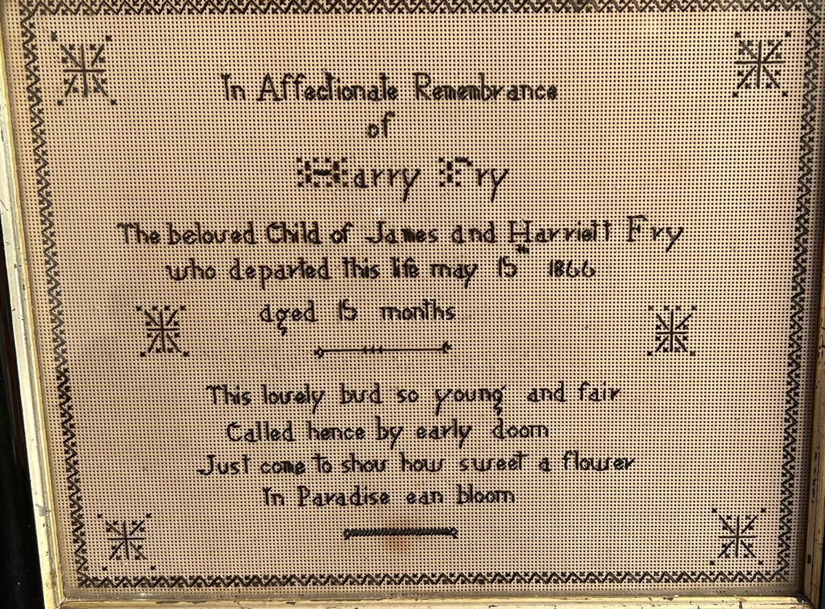 Antique Perforated Paper Mourning Sampler For Baby Harry Fry 1866