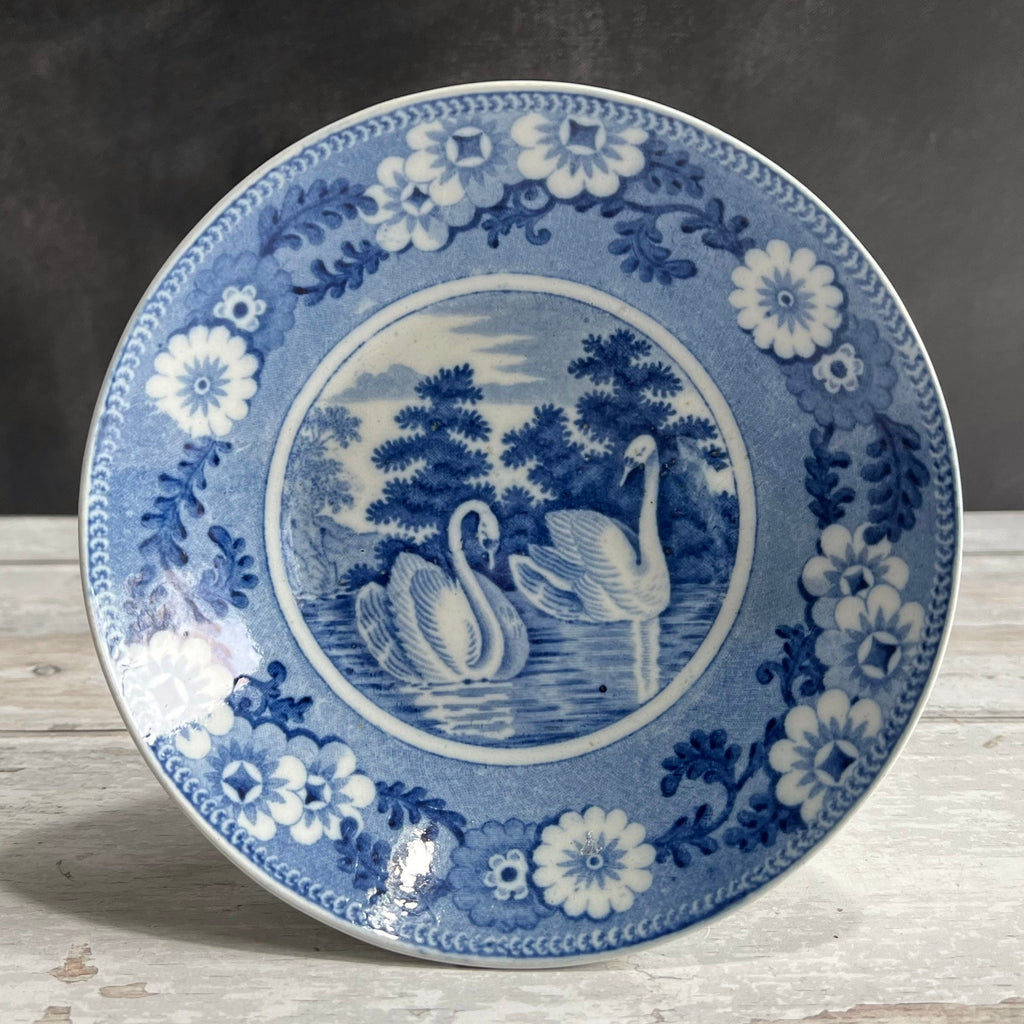 English Pearlware Cup and Saucer Blue and White Transferware Rare Swan Pattern C 1810