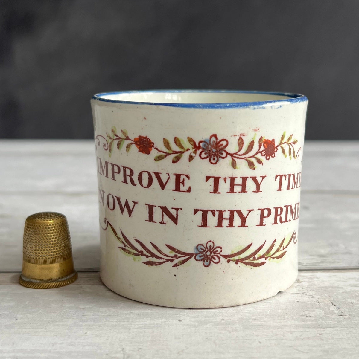 Rare 1820s Childs Motto Mug, English Pearlware Nursery Ware