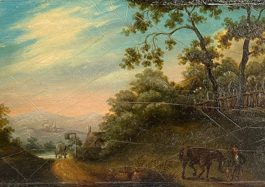 Antique Georgian Miniature Painting Oil On Board Rural Landscape Horses Circa 1800