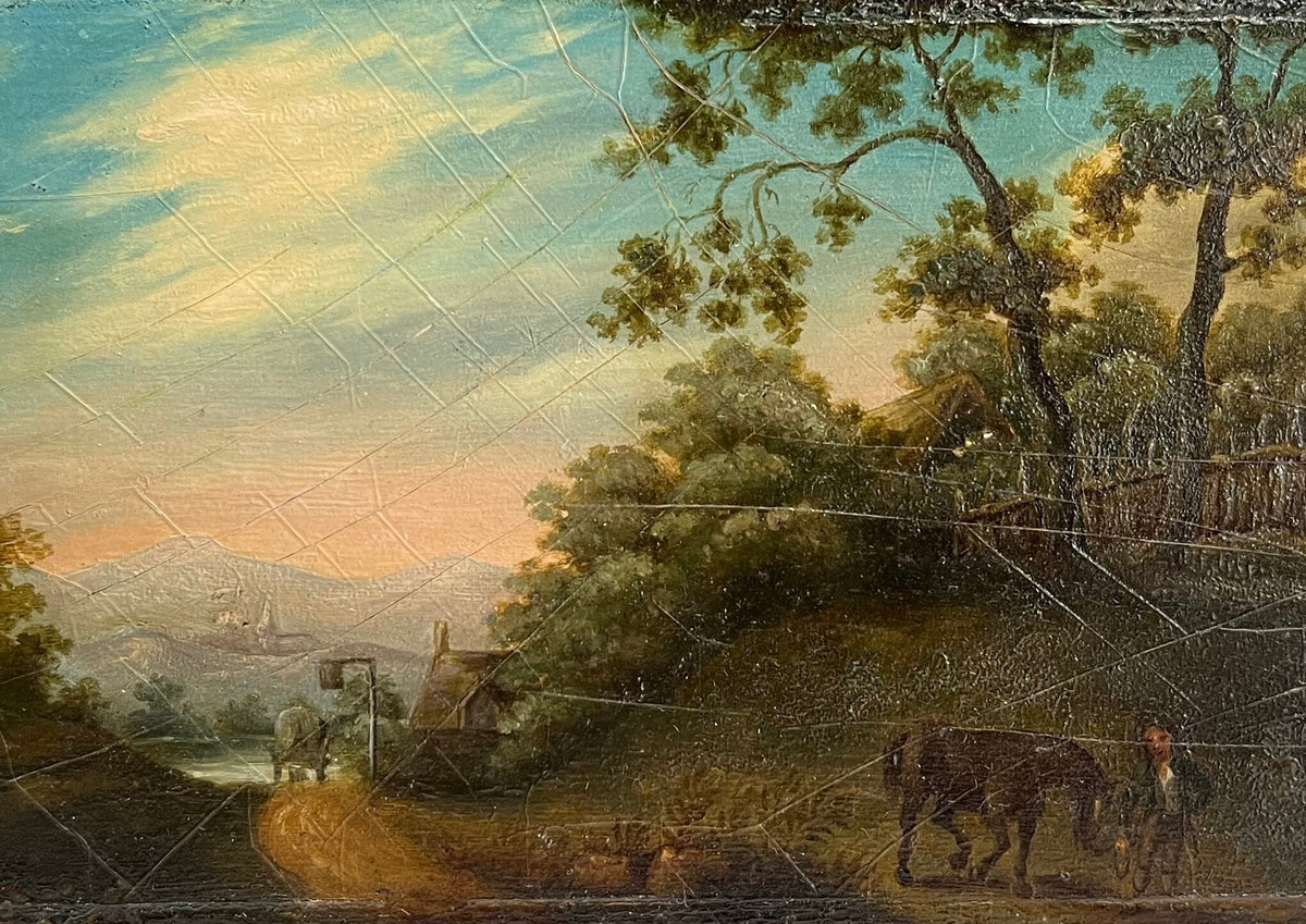 Antique Georgian Miniature Painting Oil On Board Rural Landscape Horses Circa 1800
