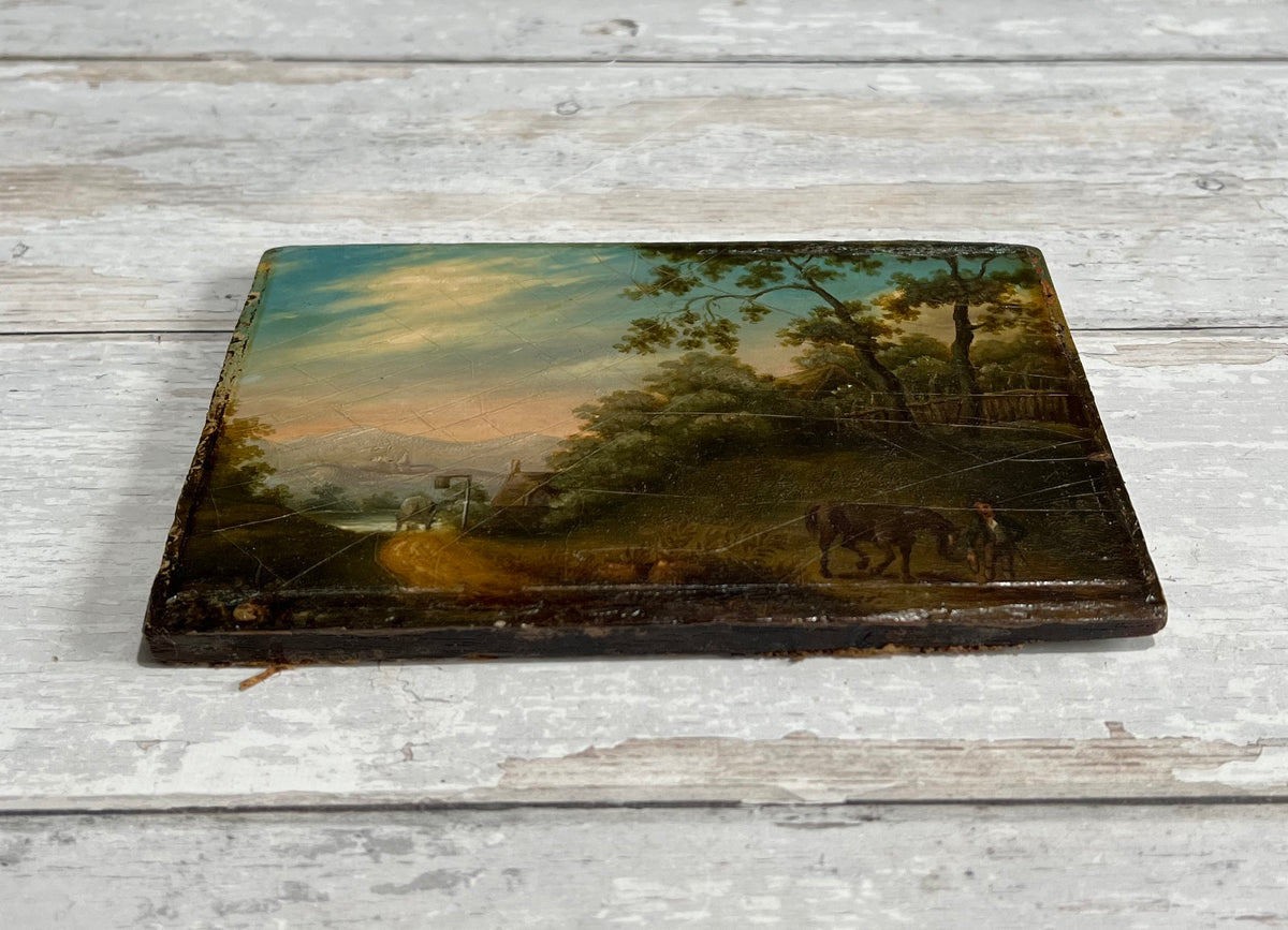 Antique Georgian Miniature Painting Oil On Board Rural Landscape Horses Circa 1800
