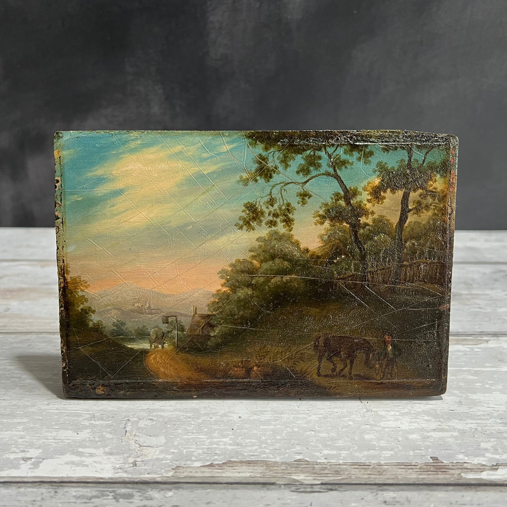 Antique Georgian Miniature Painting Oil On Board Rural Landscape Horses Circa 1800