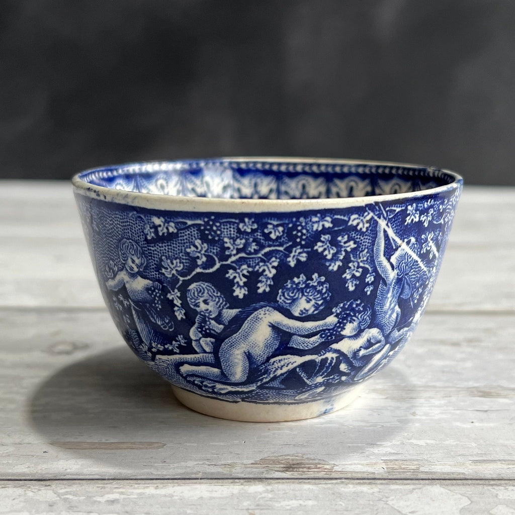 19th Century Transferware Tea Bowl And Saucer Bacchanalian Cherubs Scene Blue And White C 1815