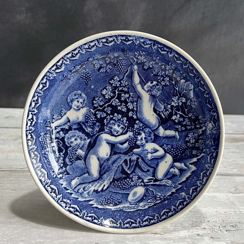 19th Century Transferware Tea Bowl And Saucer Bacchanalian Cherubs Scene Blue And White C 1815