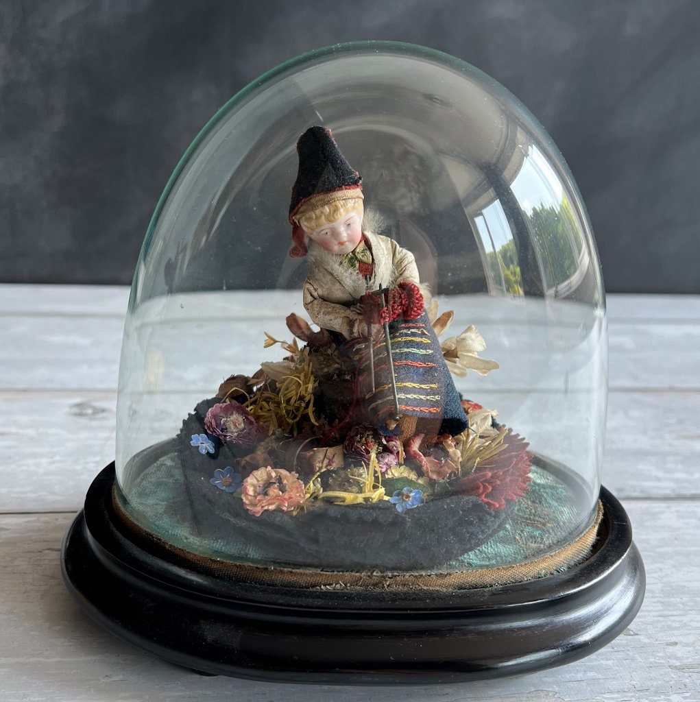 Antique Pen Wipe Knitting Doll In Glass Dome Circa 1860s