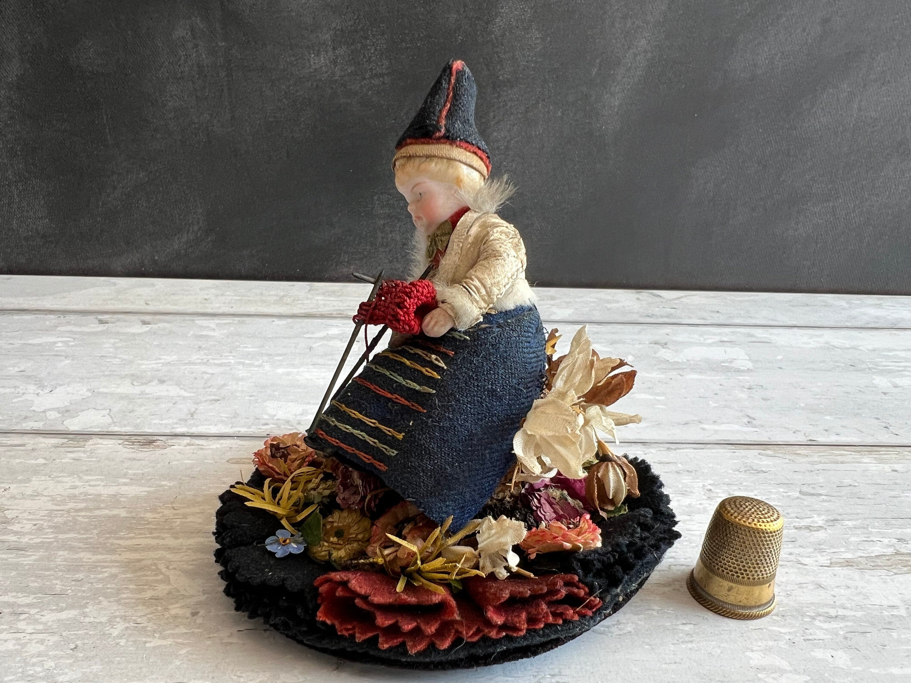 Antique Pen Wipe Knitting Doll In Glass Dome Circa 1860s