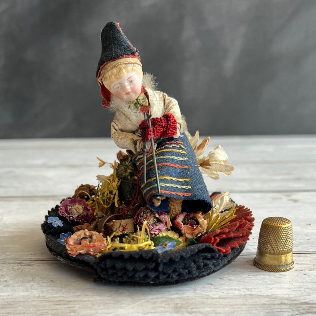 Antique Pen Wipe Knitting Doll In Glass Dome Circa 1860s