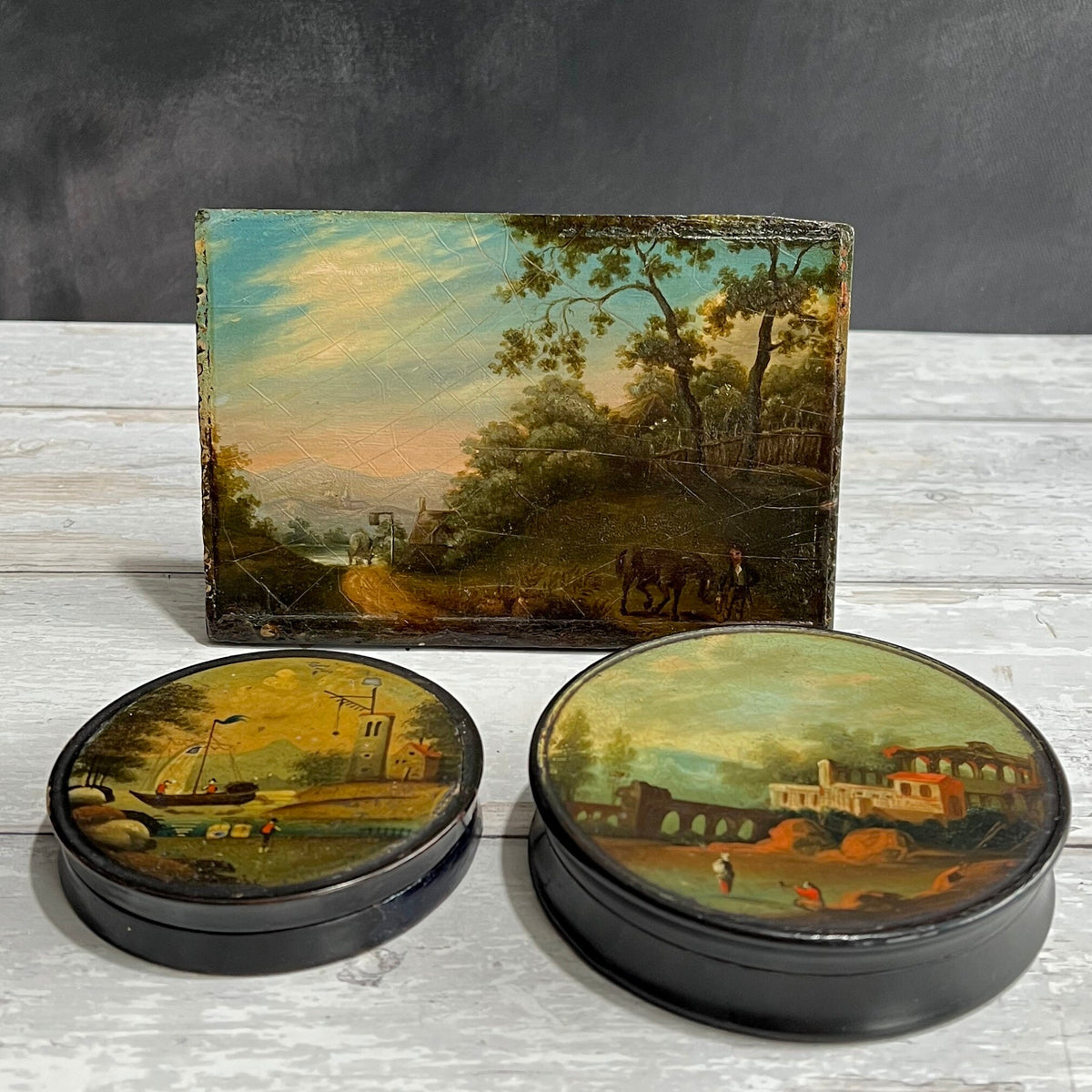 Antique Georgian Miniature Painting Oil On Board Rural Landscape Horses Circa 1800