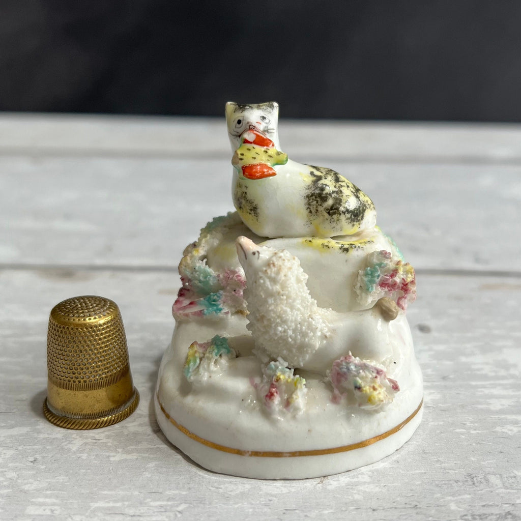 RARE Miniature Staffordshire Figure Poodle Dog Cat Kitten And Bird C 1840