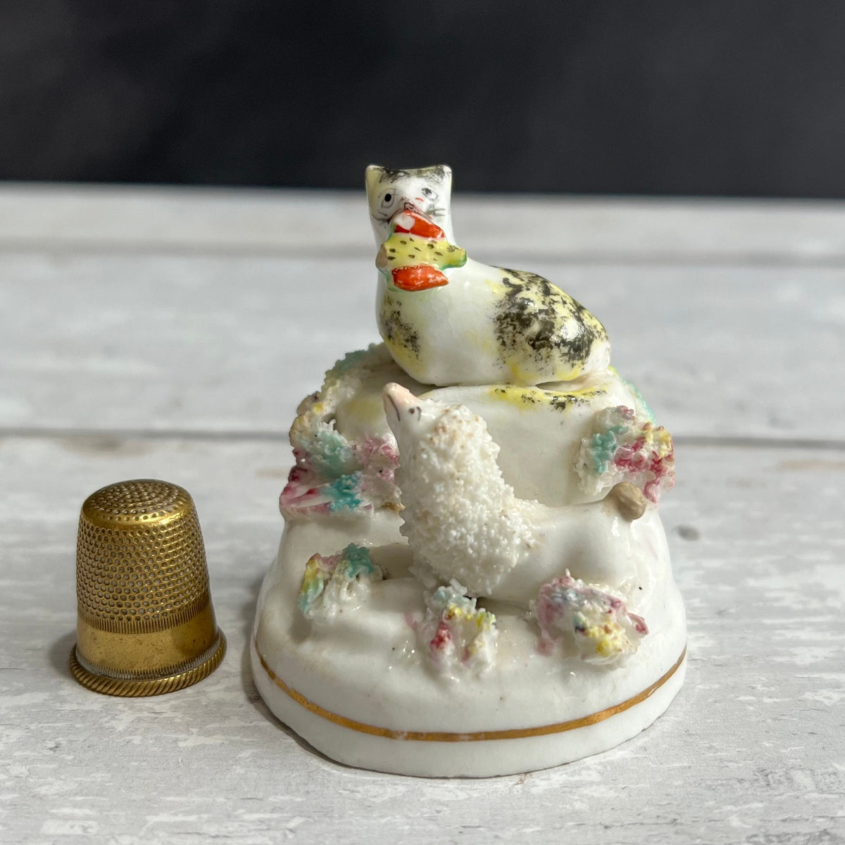 RARE Miniature Staffordshire Figure Poodle Dog Cat Kitten And Bird C 1840