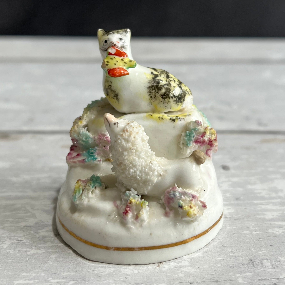 RARE Miniature Staffordshire Figure Poodle Dog Cat Kitten And Bird C 1840