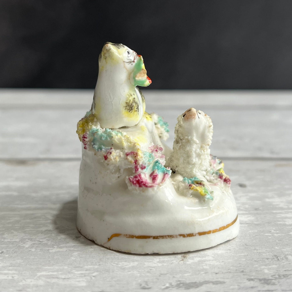 RARE Miniature Staffordshire Figure Poodle Dog Cat Kitten And Bird C 1840