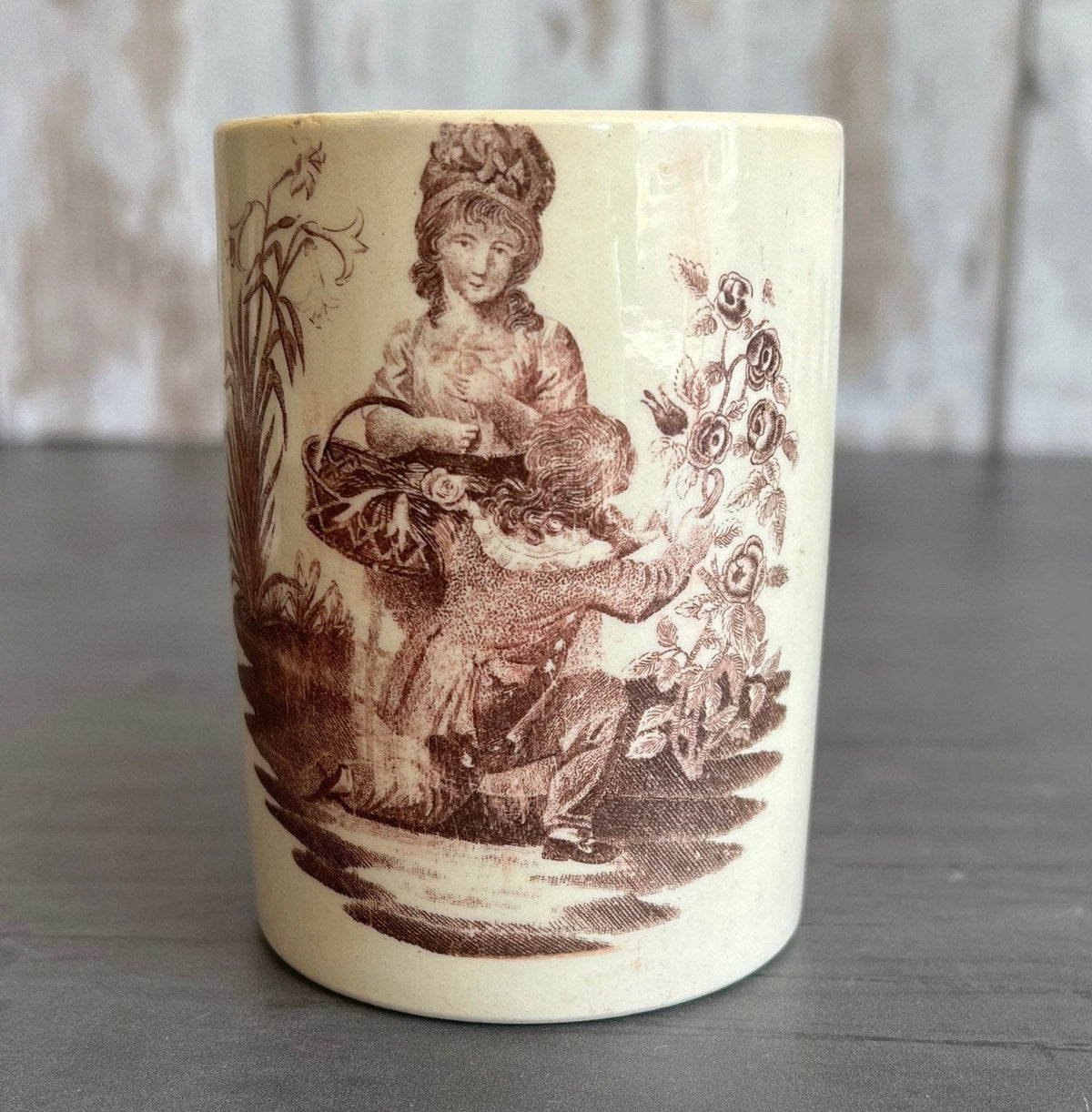 Antique Herculaneum Creamware Mug Tankard Romantic Lovers Purple Puce Transfer Printed C 1800