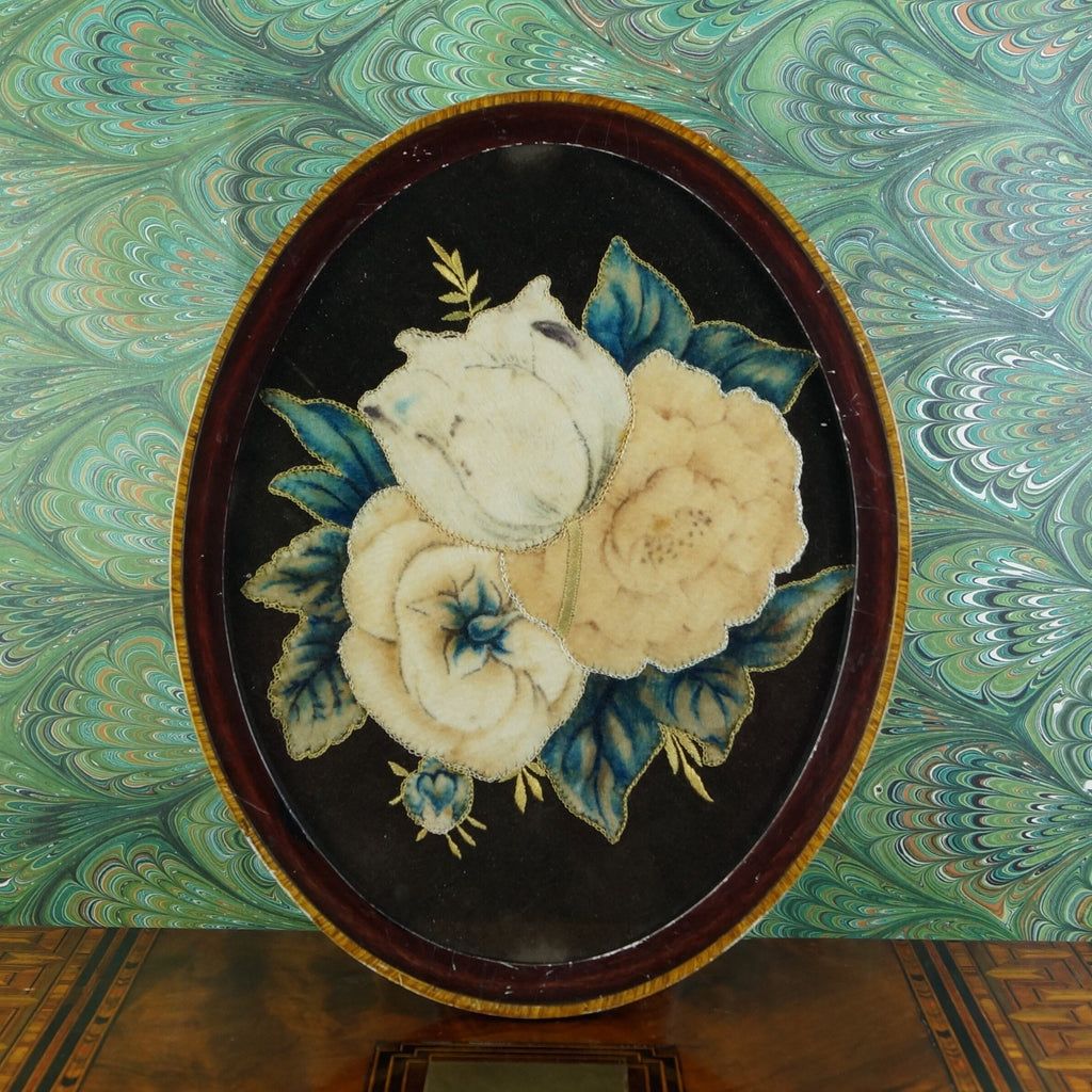 Antique Velvet Theorem Oval Frame Floral Roses Tulip Folk Art