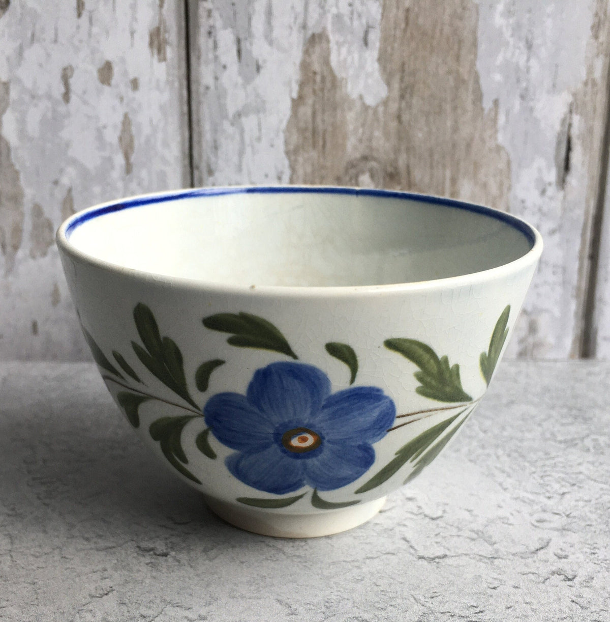 19th Century English Pottery Tea Bowl Blue Flower Pearlware C 1810 Folk Art Naïve
