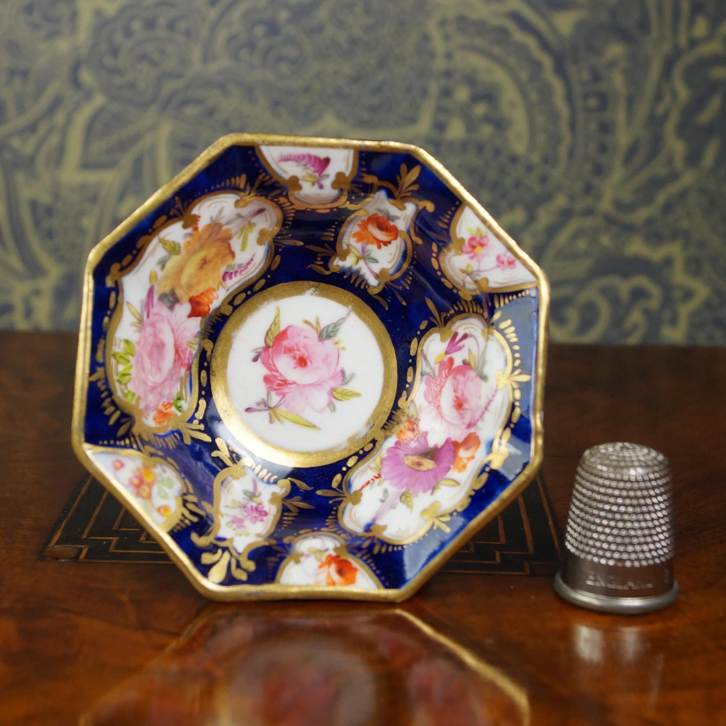 Miniature Doll Bowl Floral Cobalt Blue Coalport Porcelain English Circa 1820 Regency Era AF