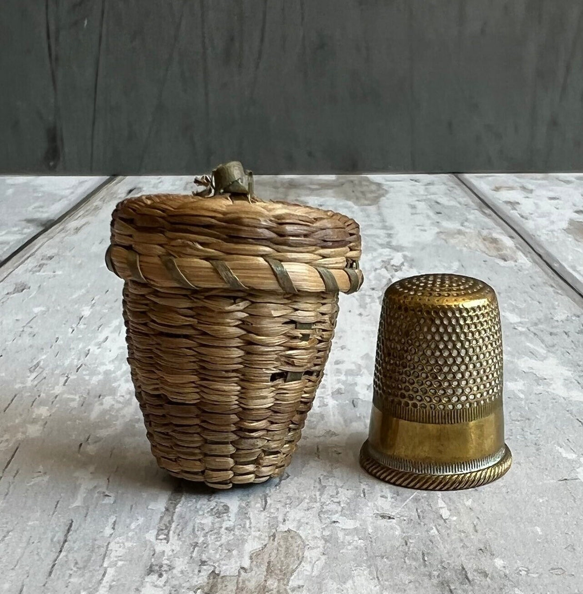 19th Century Sea Grass Thimble Holder Straw Basket Folk Art