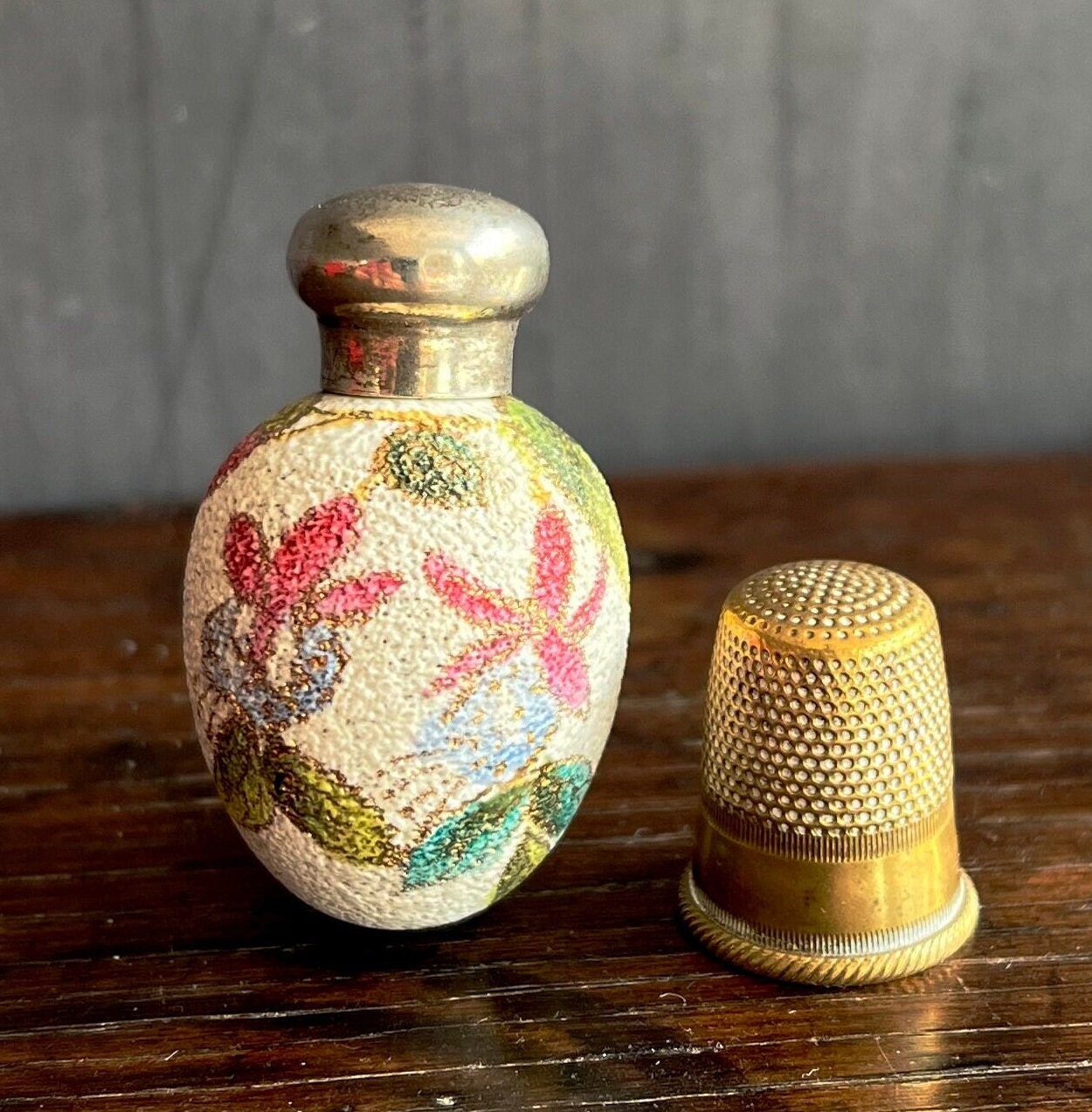 Tiny Egg Scent Bottle Floral Fuchsia Sterling Silver Top 1889