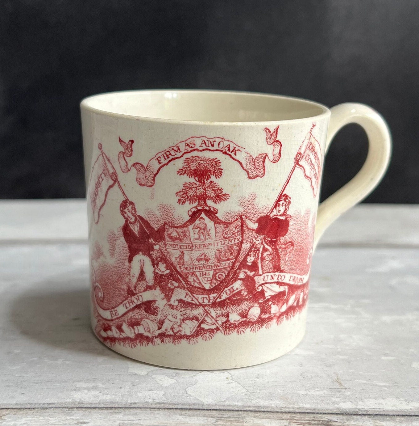 Antique Child's Mug Temperance Movement ‘Firm As An Oak’ Red Transfer Ware C 1835