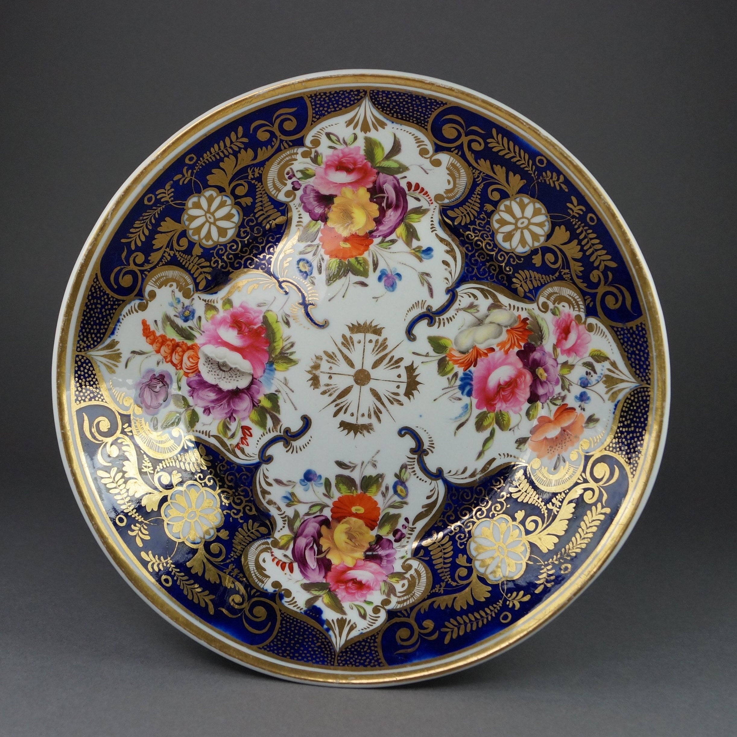 Antique English Porcelain Deep Plate Cobalt Blue Florals Regency Era Circa 1820