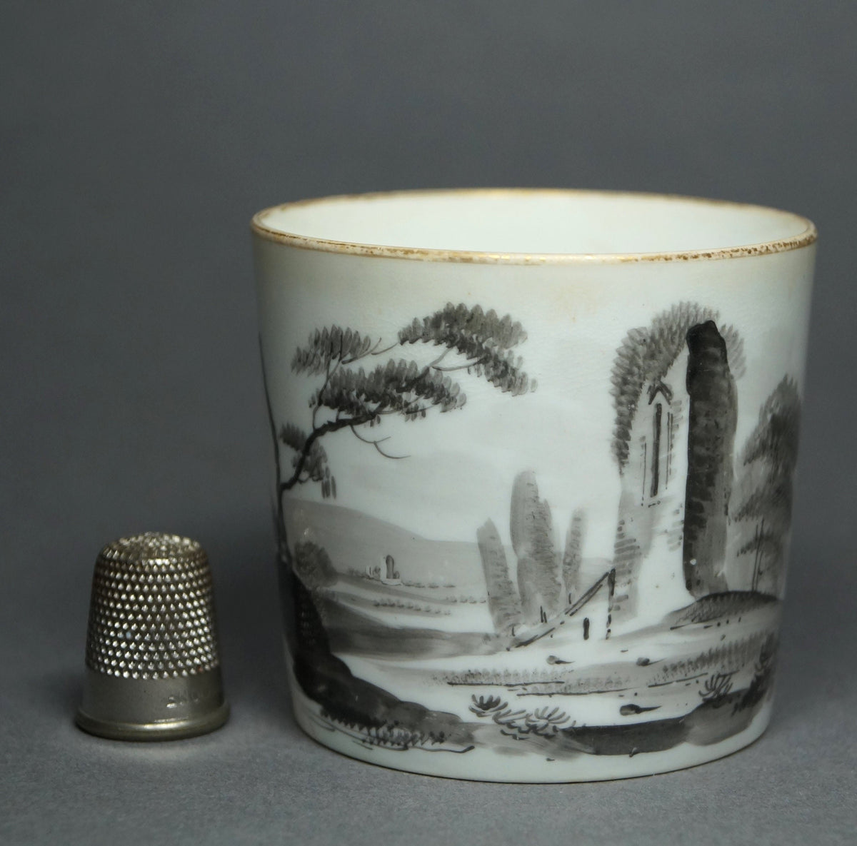 1810 Minton Porcelain Coffee Can English Regency En Grisaille Landscape