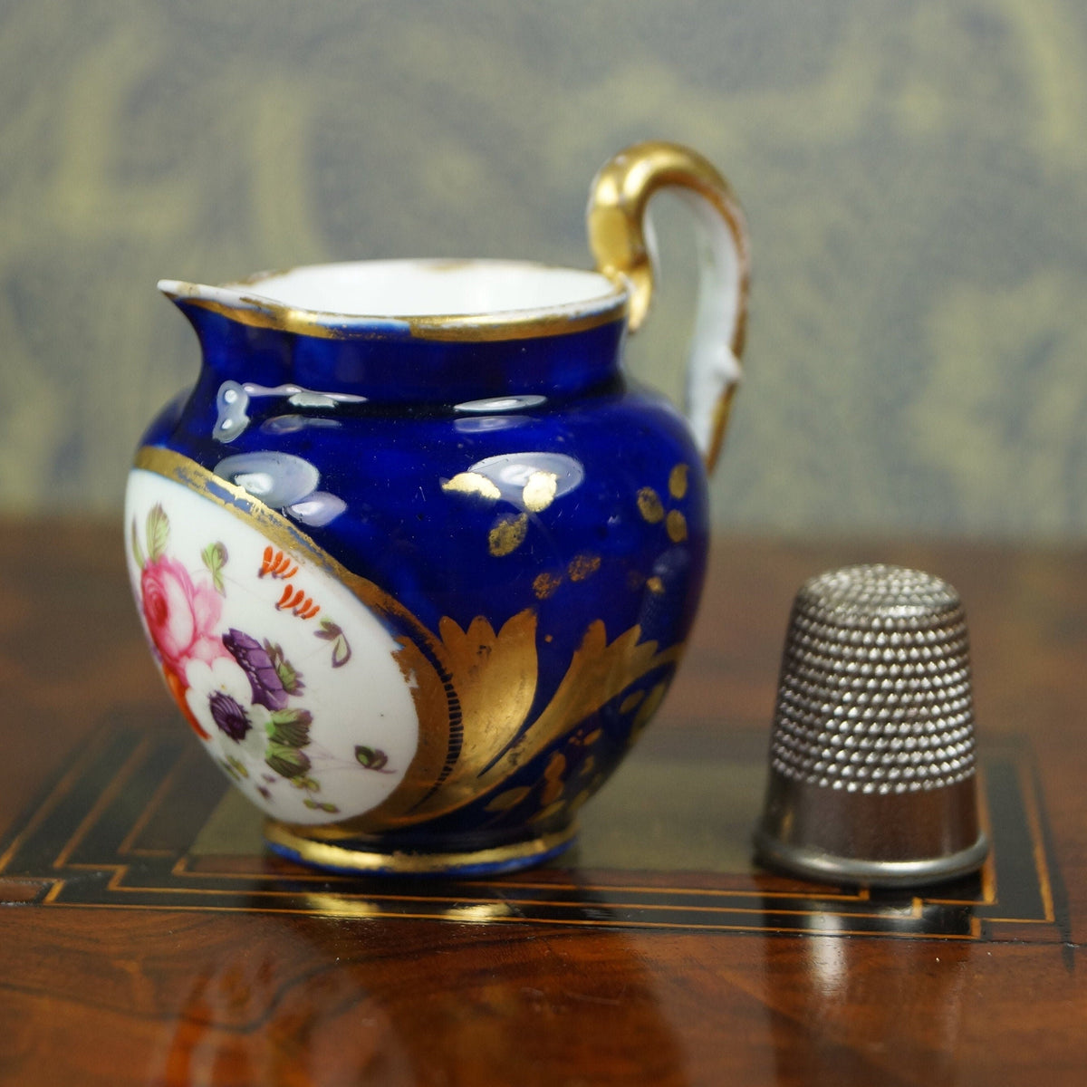Antique Coalport Porcelain Miniature Jug Cobalt Blue Floral Circa 1820