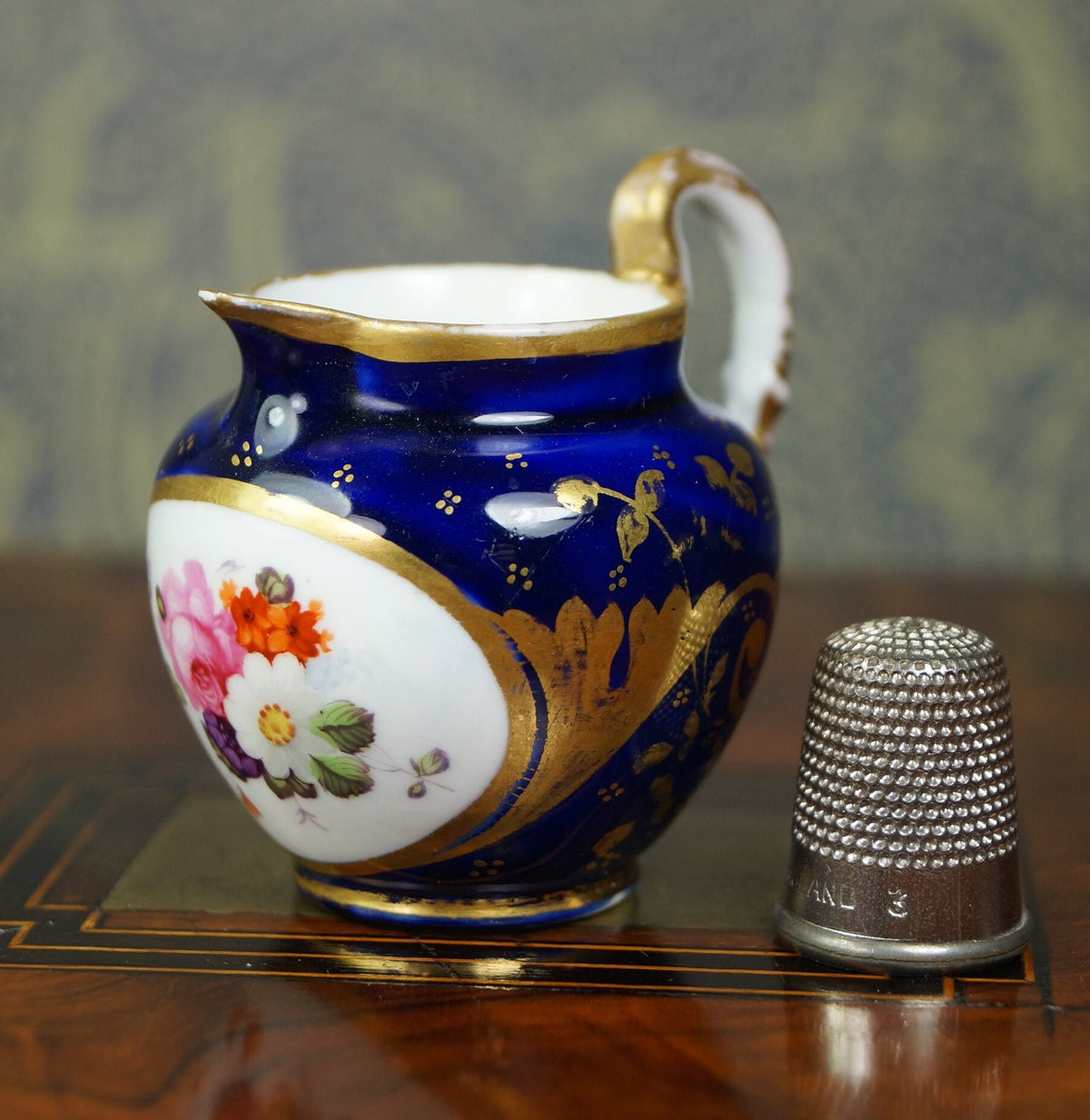 Antique Coalport Miniature Porcelain Jug Cobalt Blue Floral Georgian Circa 1820