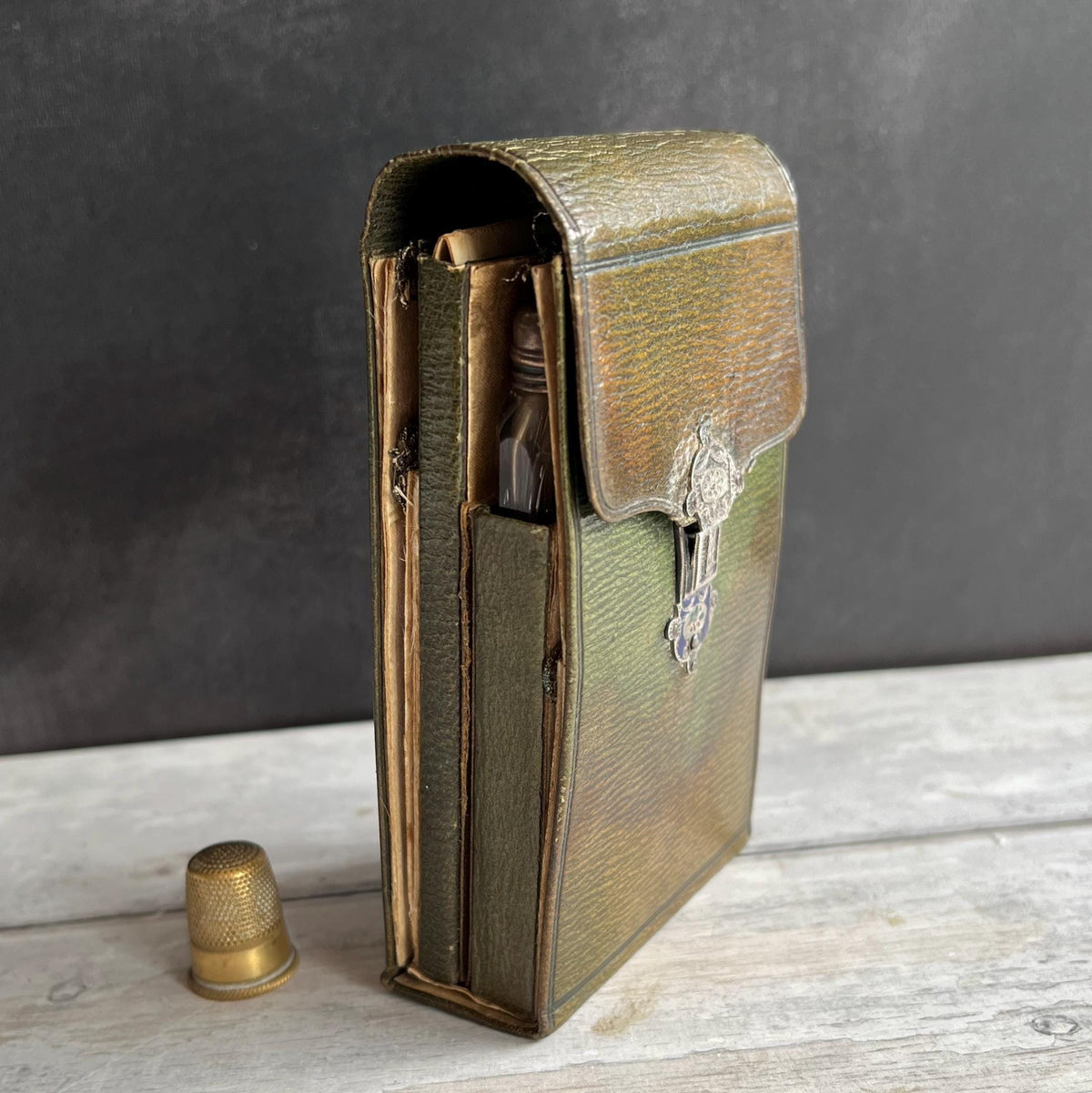 19th Century Green Leather Etui Silver Pencil Perfume Sewing Necessaire