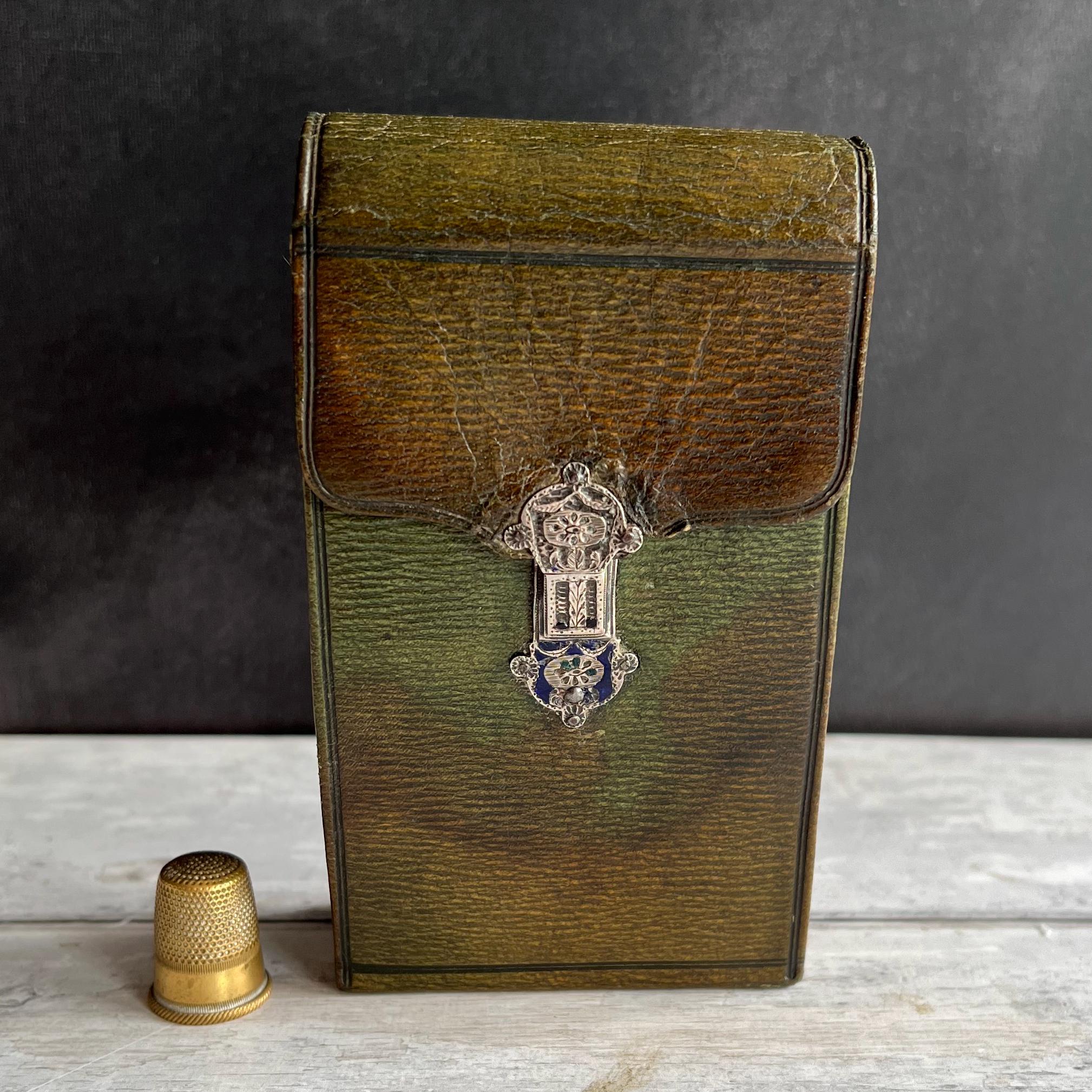 19th Century Green Leather Etui Silver Pencil Perfume Sewing Necessaire
