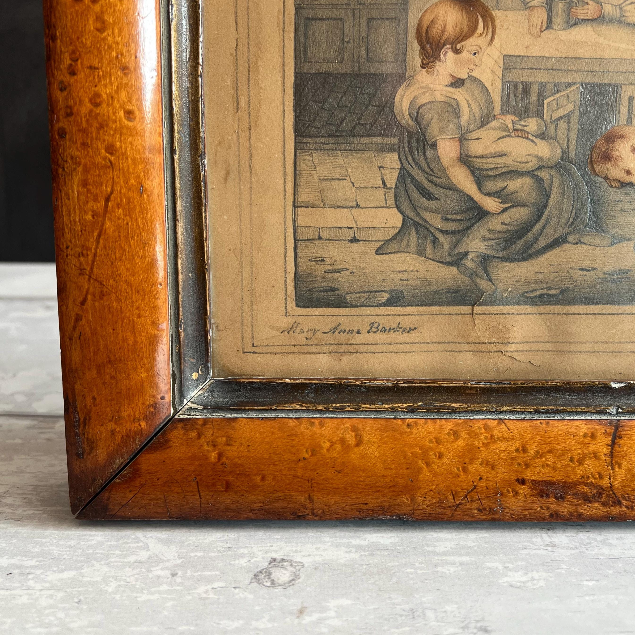19th Century Rabbit Painting Drawing C 1840 Signed Mary Anne Barker