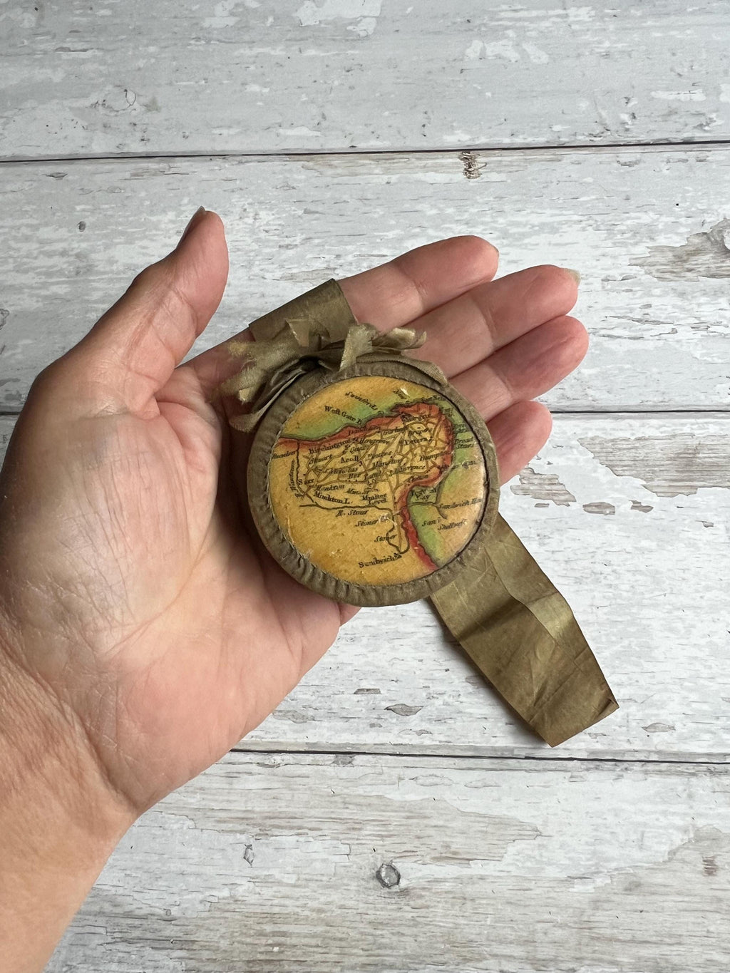 Antique Tunbridge Ware Pincushion Isle of Thanet Map Georgian Pinwheel Circa 1830s